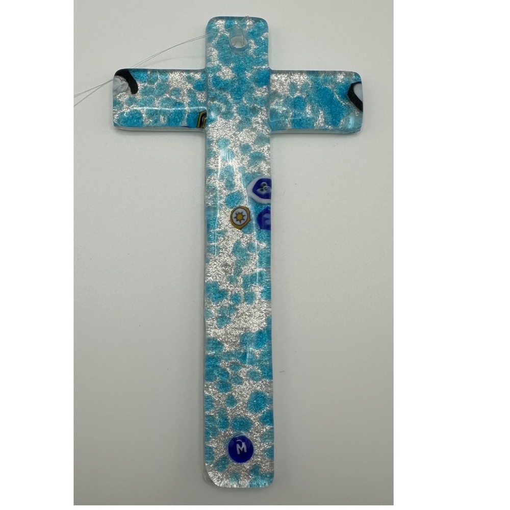 NWOT Murano Glass Italy Cross Blue & Silver Leaf Millefiori Wall Hanging 5.75 in